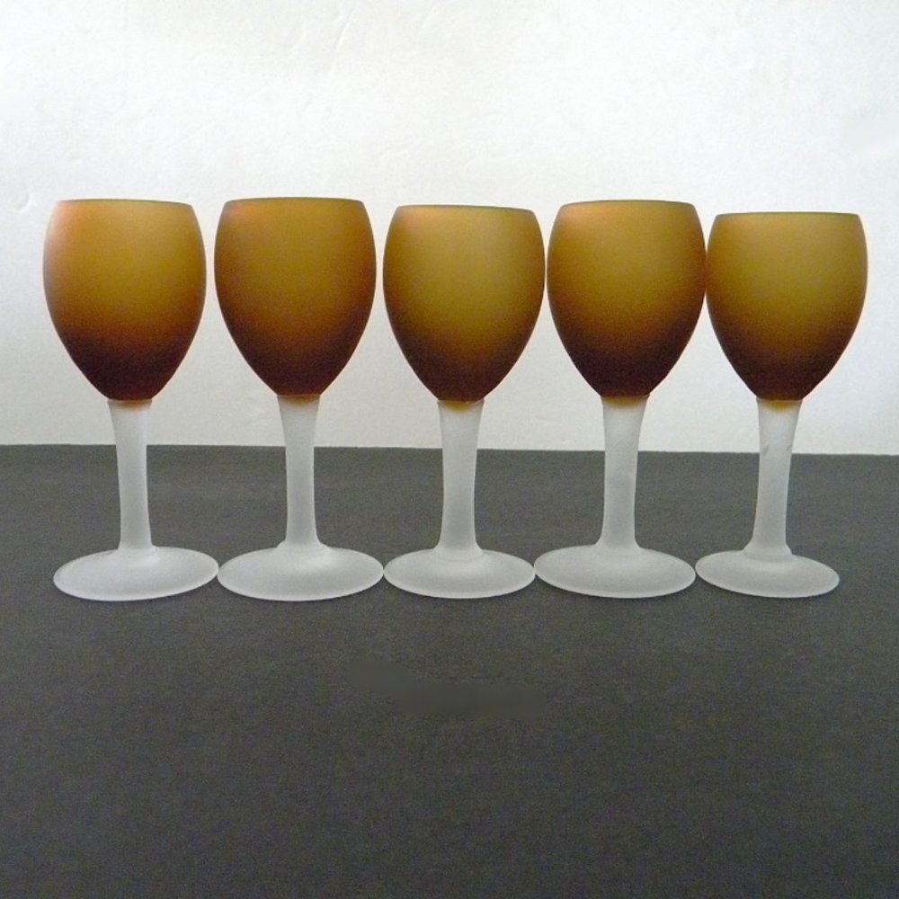 1970s Frosted Glass Shot Glasses Cordial Stem Glasses in White and Mustard Brown